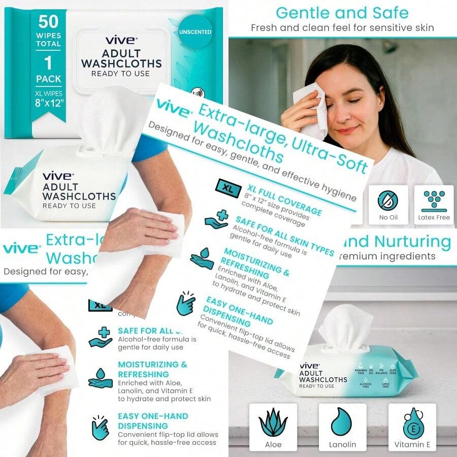 Vive Disposable Washcloths For Adults And Elderly 1 Pack - 50 Count - 8"X12" Incontinence Wipes For Men And Women Hypoallergenic No Rinse Adult Body Wipes For Sensitive Skin Unscented - Không mùi - Xem 1