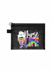 一款大容量网眼化妆包，有5种颜色可选，配有拉链，印有护士、生活、听诊器、口罩等图案。它是一款多功能视觉化妆收纳包、文件多用途旅行包、沙滩手提包。