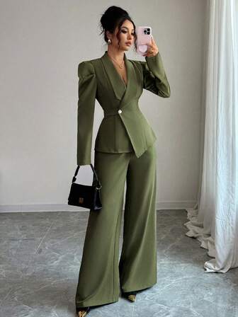 Doriss 2-delad elegant kavaj med knut framtill, åtsnörning i midjan, asymmetrisk fåll, knappar, kostymset, enkla, bröllopssäsong, alla hjärtans dag-outfit, höstvinter, vitt festevenemang, gammaldags stil, hovstil