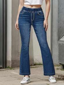 Quần jeans nữ kiểu Âu-Mỹ màu trơn, cạp trung, dáng ôm, lưng thun, ống loe, thích hợp mặc thường ngày, phong cách đường phố, mùa xuân. - Màu xanh lam - Xem 6