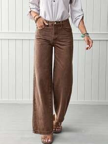 Washed Slimming Wide Leg Straight Jeans, Casual Denim Straight Leg Jeans For Women, Daily Wear Spring/Summer/Autumn - Coffee Brown - View 1