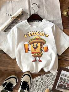Camiseta gráfica Taco Tuesday para mujer, diseño de comida divertida, lindo estampado de taco de cerveza de dibujos animados, top informal de algodón, el regalo perfecto para los amantes de los tacos, camiseta holgada de gran tamaño - Blanco - Ver 2