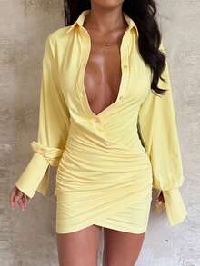 1pc Solid Color Casual Pleated Crossover Ruffle Hem Bodycon Shirt Dress, Everyday Wear, All Season - Yellow - View 2