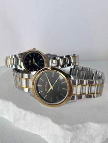 1 Pair Ultra-Thin Gold Waterproof Couple Watches, Korean Fashion Minimalist Luxury Business Casual Stainless Steel Quartz Wristwatches