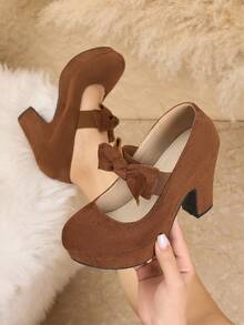 Women's Black Chunky Heel Closed Toe Low Block High Heel Pumps, Round Toe Work Shoes With Bow Decor Mary Jane, Comfortable Women's Formal Shoes, Christmas Gift - 棕色 - 查看 3