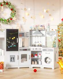 MAMIZO Kids Corner Play Kitchen, Ultimate Interactive Wooden Kitchen Playset With Lights & Sounds, Cooking Toy Set With Stove, Range Hood, Sink, Faucet, Ice Maker & Washing Machine - White - View 9