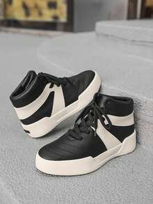 High-Top Casual Shoes For Teenagers, Black & White Color Block, Elevated, Versatile High Street Style, Soft Sole, Fashionable High-Top Sneakers For Young Men, Outdoor Sports Shoes