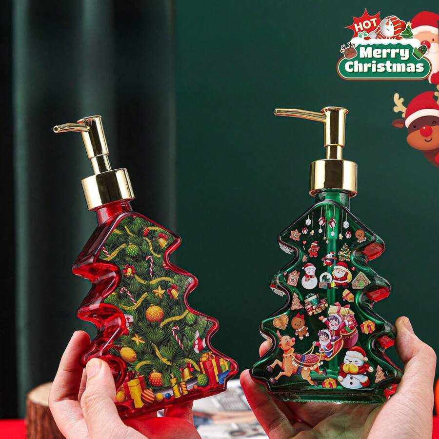 1 Pc Christmas Hand Soap Bottle, Festive Glass Pump Dispenser With Golden And Green Lid - Holiday Santa Claus Reindeer Snowman Designs, Portable Travel Shampoo & Body Wash Container For Decorations - Multicolor - View 1