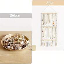 Wall-Mounted Jewelry Organizer - 30-Hook Beaded Hanging Basket With Fringe Design, Ideal For Necklace, Bracelet, Earring, Headband, And Bow Storage, Door-Hanging Jewelry Rack - 米色 - 查看 3