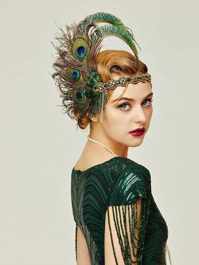  BABEYOND 1920s Flapper Headband Peacock Feather Headpiece Gatsby Accessories For Women Sequined Showgirl Headpiece (Style-9)