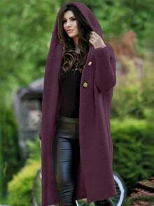 Women's Winter Coats, Women's Tops, Plus Size Cardigan, Fondi Solid Hooded Button Front Cardigan, Casual Long Sleeve Cardigan For Fall & Winter, Women's Clothing, Loose Knit Sweater For Women In Autumn/Winter, Solid Ribbed Knit Cardigan For Women, Resort Wear In Autumn/Winter, Women's Winter Clothing - 酒紅色 - 查看 2