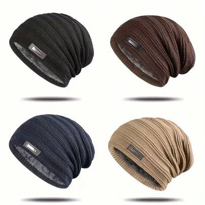 Men's Winter Hat Outdoor Warm Casual Versatile Knitted Hat Unisex Double Layer Fleece Thickened Velvet Dad Hat