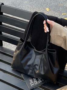 1 件纯色 PU 皮革手提包，时尚百搭大容量，简约风格，适合派对、活动、街头穿着 - 黑色 - 查看 4