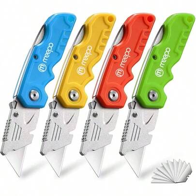 Box Cutter 4-Pack Tough Folding Box Cutter For Heavy Duty Purpose Razor Sharp Blade Comfortable Handle With Extra 10-Piece Blades Can Cut Drywall Sheet Plastic Linoleum Boxes Rope