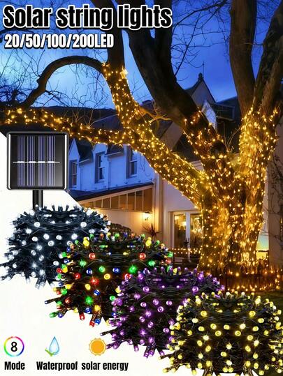 1 قطعة إضاءة سلسلة شمسية 20/50/100/200 LED، 8 أوضاع إضاءة وامضة، 22م/12م/7م/5م مقاومة للماء للاستخدام الخارجي، إضاءة جنية شمسية مناسبة للتخييم والحفلات وعيد الميلاد والأعراس والرقص والديكور الخارجي للأشجار والمنازل والشرفات (أبيض دافئ/أبيض/ملون/بنفسجي)