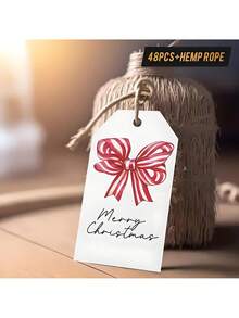 48pcs Christmas Elegant Watercolor Bow Christmas Gift Tags – Red/White Striped, Blank Cursive-Friendly Paper, With Hemp Rope | For Holiday Gift Wrapping, Gift Exchanges, Party Decor & Christmas Card Crafts - Multicolor - View 1