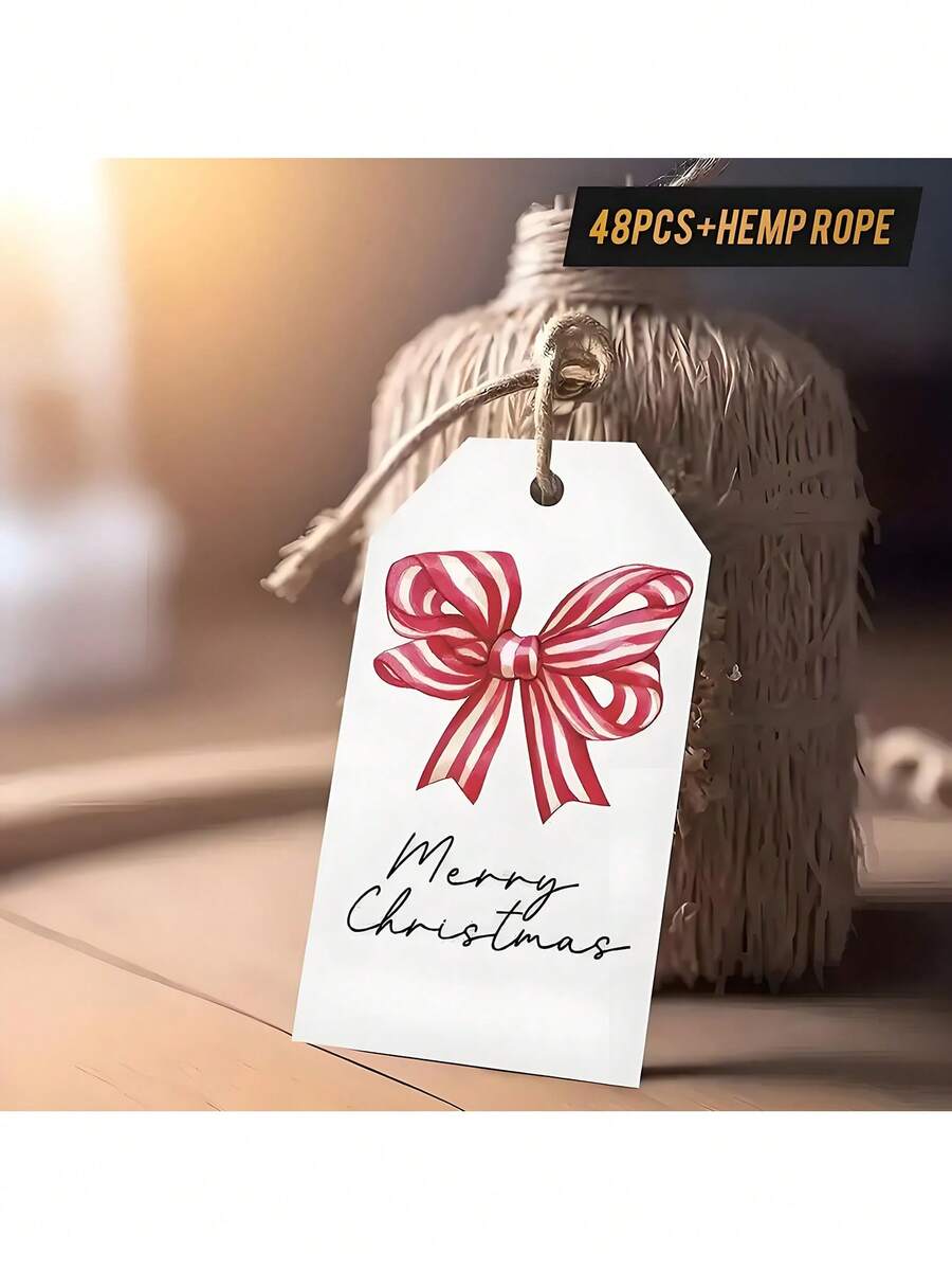48pcs Christmas Elegant Watercolor Bow Christmas Gift Tags – Red/White Striped, Blank Cursive-Friendly Paper, With Hemp Rope | For Holiday Gift Wrapping, Gift Exchanges, Party Decor & Christmas Card Crafts - Multicolor - View 1