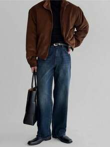 Men's Autumn/Winter Stand Collar Corduroy Short Jacket Coat, Retro Mature Style, Heavy-Duty Two-Way Zipper Outerwear - Brown - View 2