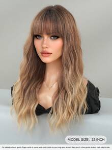 7JHH WIGS Ombre Brown Wig With Bangs For Women 22 In Long Wavy Brown Mixed Blonde Wig With Dark Roots Natural Curly Synthetic Resistant Fiber Wigs For Women Daily Party Use,Mother'sdaygifts - Brown Ombre - View 5