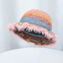 1 Pc Rainbow Oil Painting Gradient Knitted Woolen Hat With Warm Plush Fisherman'S Hat - 黃色 - 查看 1