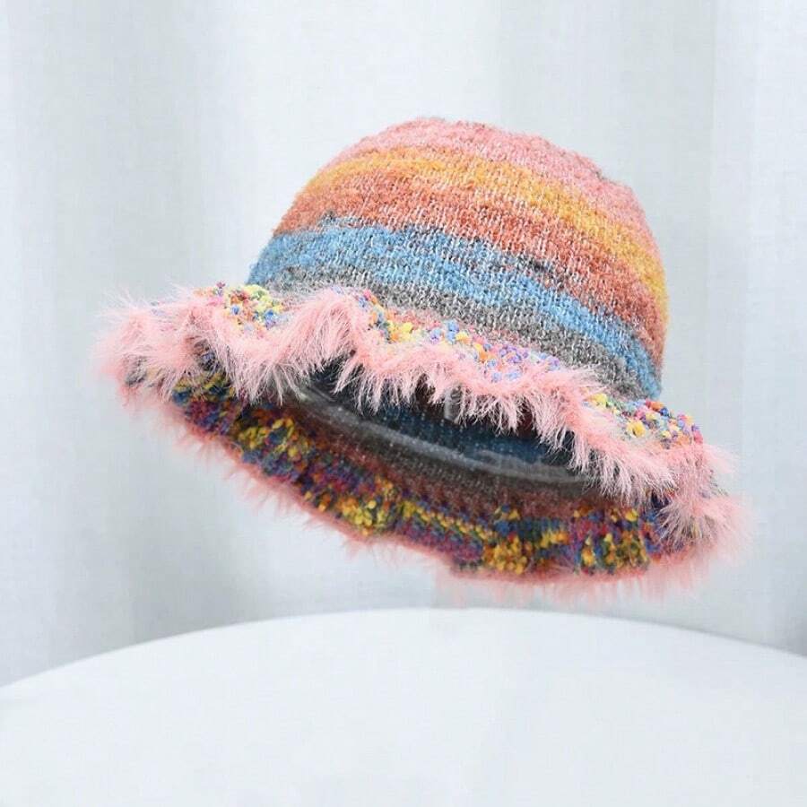 1 Pc Rainbow Oil Painting Gradient Knitted Woolen Hat With Warm Plush Fisherman'S Hat - 黃色 - 查看 1