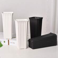 Nowoczesny, czarno-biały, plastikowy wazon na kwiaty w pionowe paski – cylindryczna doniczka do wystroju domu, ozdoba na biurko do salonu, nie wymaga prądu, wazony na kwiaty do wystroju domu