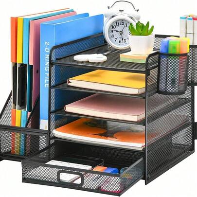 Fünfschichtiges Lagerregal aus Metalleisengeflecht, Aktenregal mit zwei Stifthaltern, Dokumentenregal, Schreibtisch-Desktop-Lagerregal