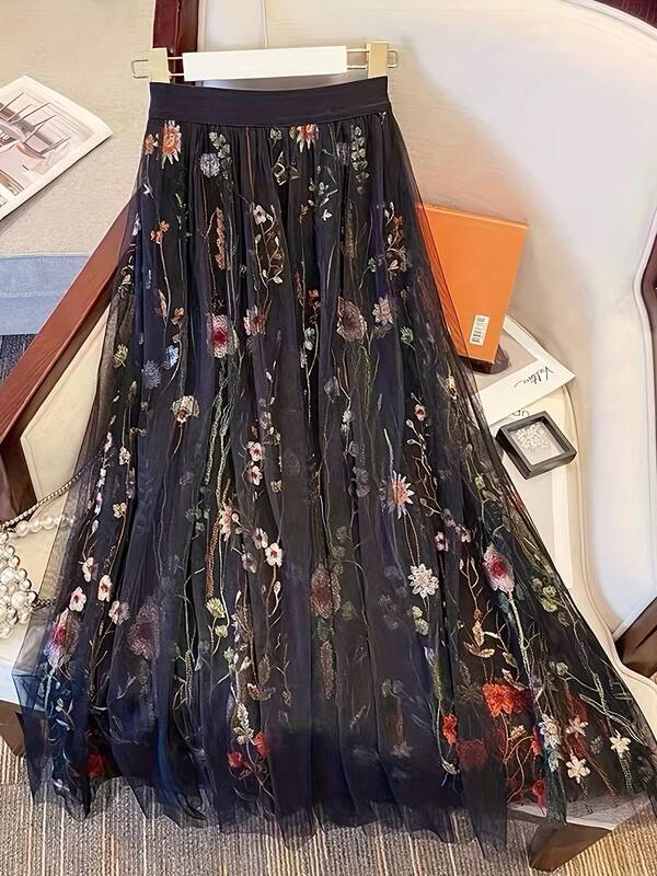 优雅女士刺绣网纱A字半身裙，高腰刺绣薄纱裙，淑女风春秋装