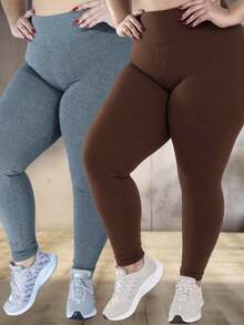 KIT 2 Plus Size Women's Leggings, Flannel, High Waist And Zero Transparency, From G1 To G5 - 棕灰色 - 查看 7
