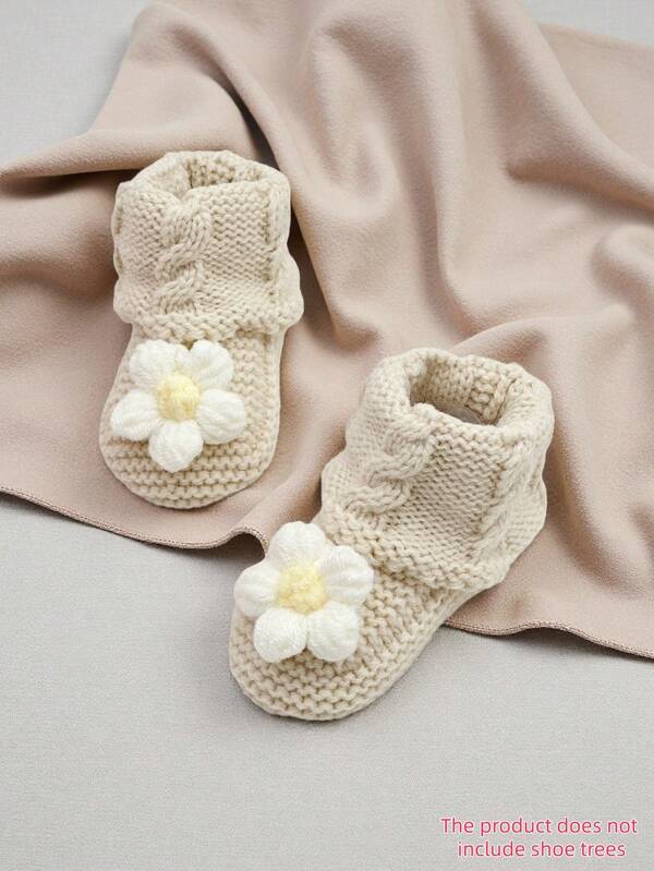 1 Pair Handmade Infant Booties, Knitted Beige With Decorative Flower, Cable Knit Pattern, Infant Winter Shoes