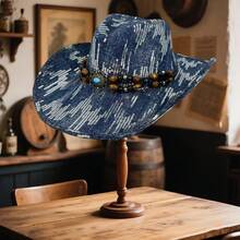 Adults Sequin Western Cowgirl Hats Fashionable Wide Brim Outdoor Denim Fedora Caps With Bead String - 深藍色 - 查看 1