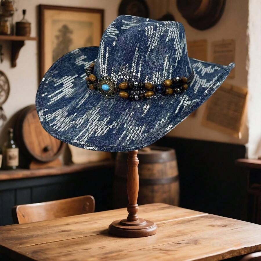 Adults Sequin Western Cowgirl Hats Fashionable Wide Brim Outdoor Denim Fedora Caps With Bead String - 深藍色 - 查看 1