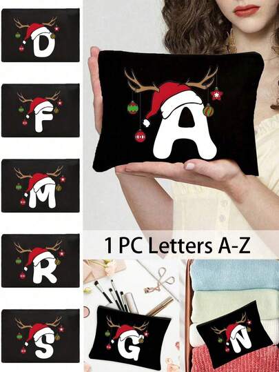 Julhatt med bokstäver A-Ö mönster, återanvändbar reseväska med nödvändigheter för julen, presenter till henne, sminkväska med namn och initialer, sminkväska för jul, lämplig för förvaring av kosmetika för kvinnor, kosmetikaförvaring i universitetsstudentrum, necessär för resor, förvaringsväska för nagellack, väska för smink, mynt, nycklar och kort, mångsidig necessär för flickor och kvinnor, bärbar, julklappar