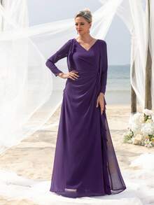 Mother Three-Quarter Sleeve Cardigan-Style 2 In 1 V-Neck Floor-Length Party Gown – Chiffon Ruffled Hem, Form-Fitting Silhouette For Beach Weddings & Upscale Outdoor Events - Purple - View 5