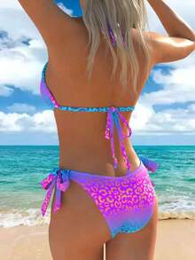 女士时尚两件式比基尼套装，星形装饰和豹纹印花高弹力沙滩装夏季度假 - 彩色 - 查看 4