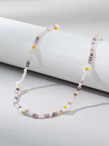1 pieza Collar de mujer con flores de cuentas en bloque de color dulce y fresco, adecuado para uso diario (color de cuentas aleatorio)