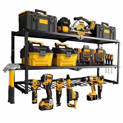 Organizador de herramientas eléctricas de pared grande, 2 niveles, metal resistente, capacidad de carga de 118 kg, estante para herramientas eléctricas, almacenamiento de baterías con 8 soportes para taladros inalámbricos, estantería universal para taller.