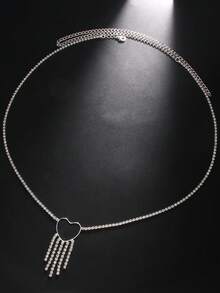 1 pieza Cadena de cintura con borla de cristal de moda en forma de corazón plateado, cadena corporal de cristal geométrica única, accesorio romántico para parejas adecuado para vacaciones, citas, fiestas