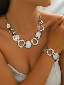 1 套 2 件复古夸张时尚不对称图案镂空圆形吊坠项链和手链套装，巴洛克风格法式奢华几何银色首饰套装，适合女性日常、派对、活动佩戴 - 銀色 - 查看 6