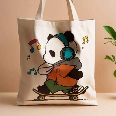 1pc Skateboarding Panda Canvas Tote Bag - Reusable Grocery Bag With Vibrant Music Notes & Headphones Design, 13.8x15.8 Durable Polyester Canvas Women, Commuting, School, Music Lover, Daily Essentials, Illustration, Sturdy Construction