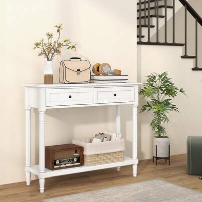 HOMCOM 36" Console Table With Drawers, Modern 2-Tier Entryway Table With Turned Legs And Shelf For Living Room, Hallway, White