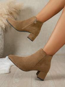 Women's Brown Boots, New Autumn/Winter Fashion Versatile Pointed Toe Comfortable Chunky Heel Mid-Heel Retro Burgundy Boots, Side Zipper, Minimalist, Suitable For Daily, Holiday, Party, Elegant, Solid Color, Classic Boots - Coffee Brown - View 3