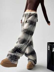 女士格子抽绳阔腿涤纶裤