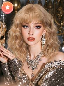 Tóc giả ngắn xoăn nhiều màu, dài 14 inch, chất liệu tổng hợp, tự nhiên và thời trang, phù hợp cho phụ nữ sử dụng hàng ngày, dự tiệc, Giáng sinh và các dịp khác. - Vàng - Xem 2