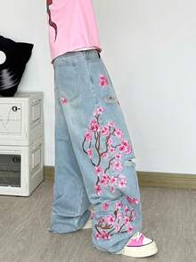 1pc Korean Casual Street Style Embroidered Washed Light Blue Loose Fit Wide Leg Jeans For Men, Versatile All-Season Couple Matching Pants (Excluding Belt/Accessories) - Blue - View 6