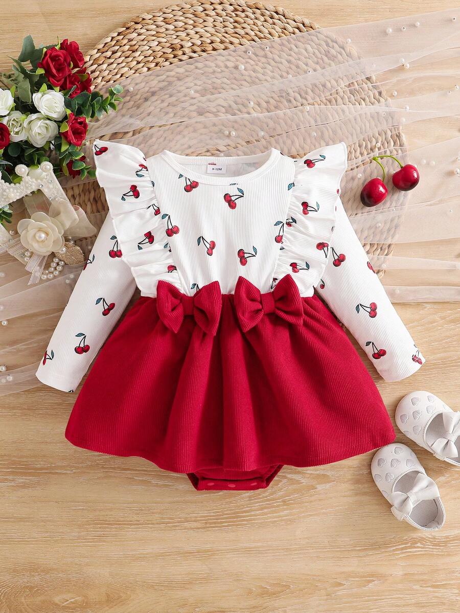 Infant & Baby GirlCute Elegant Long Sleeve Bodysuit With Bow & Cherry Print (1-3M, 3-6M Back Opening Teardrop Design) - Red - View 1