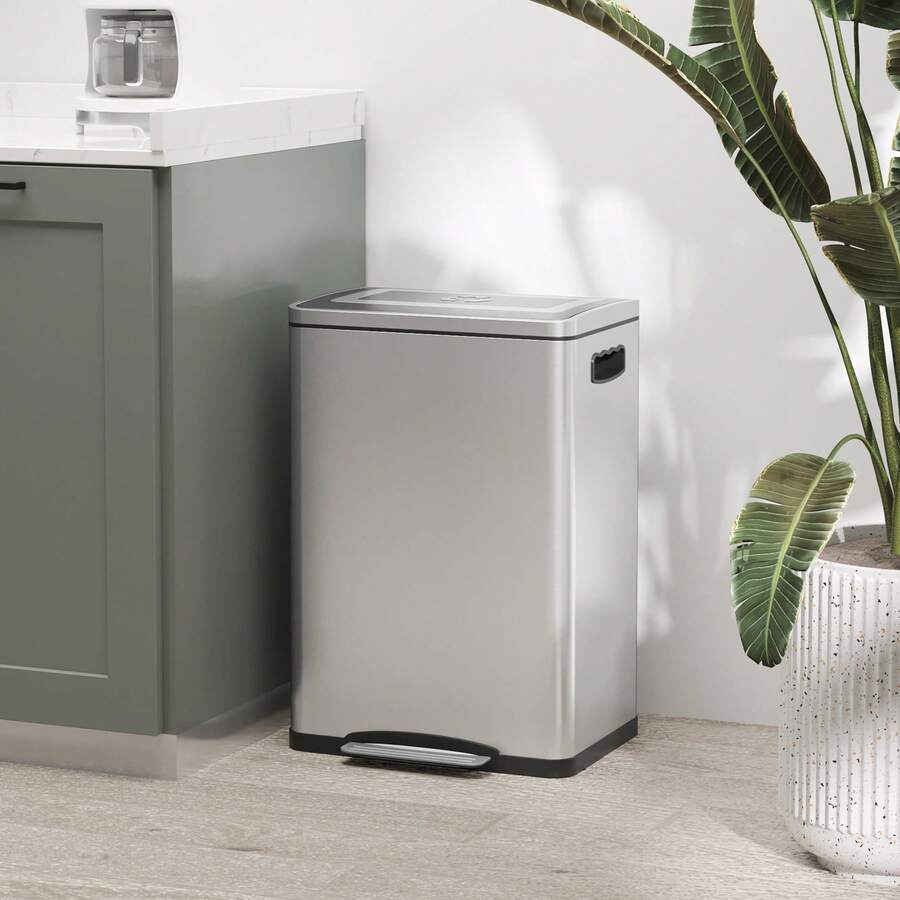HOMCOM Dual Kitchen Garbage Bin, 2 X 5 Gallon (2 X 20 L) Trash Can With Foot Pedal, Soft-Close Garbage Can With Removable Inner Buckets, Lid, Fingerprint-Proof For Kitchen, Silver - Bạc - Xem 1