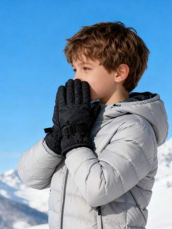 1 Pair Kids' Solid Color Thick Ski Gloves With Adjustable Drawstring, Windproof Waterproof Gloves For 8-12 Years Old, Suitable For Cycling And Daily Wear In Winter