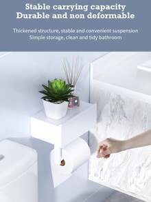 1pc No Drill Wall-Mounted Toilet Paper Holder With Shelf & Wet Wipe Storage Box - Heavy-Duty Plastic, White Bathroom Shelf, Space-Saving Adhesive Backing (No Screws/Holes) For Toilet Paper, Wipes, Phone Holder, Wipes -