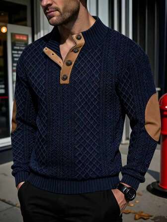 1pc New Men's Autumn/Winter Stand Collar Jacquard Knit Henley Shirt, Upgraded Mature Retro Mock Neck Pullover Sweatshirt With Random Texture Color Block Collar Jacquard Patchwork Design, Suitable For Outdoor Casual Sports Wear